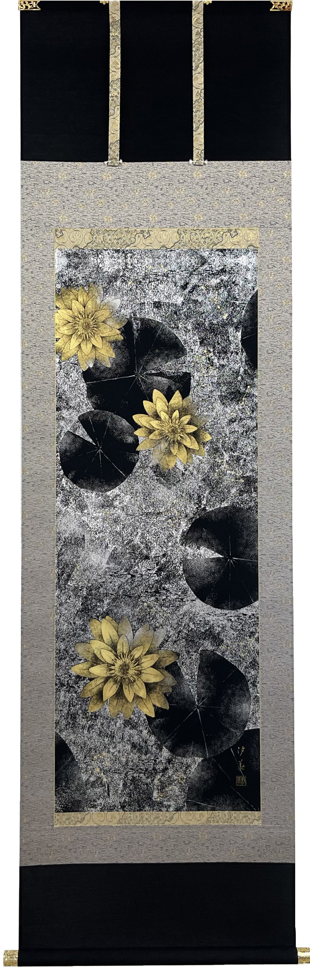 本金箔押掛軸 水鏡睡蓮(スイキョウスイレン) 田畑汐華作 金箔が語る 掛軸の新章 本金箔 アルミ銀箔 十二星座