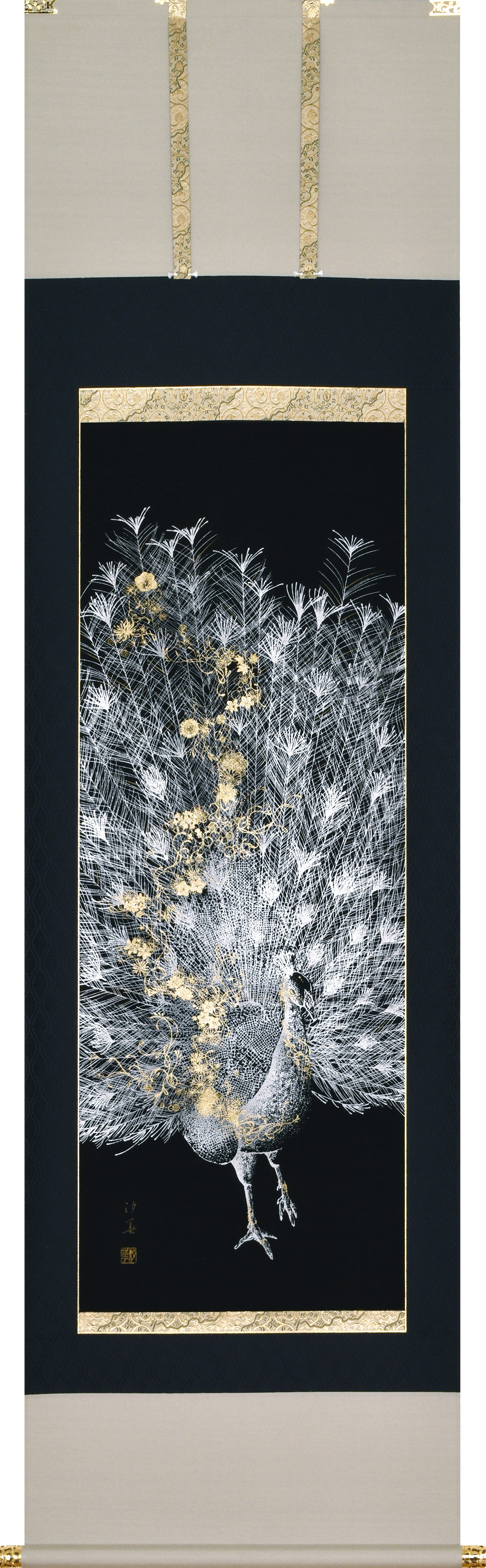 本金箔押掛軸 孔雀美麗