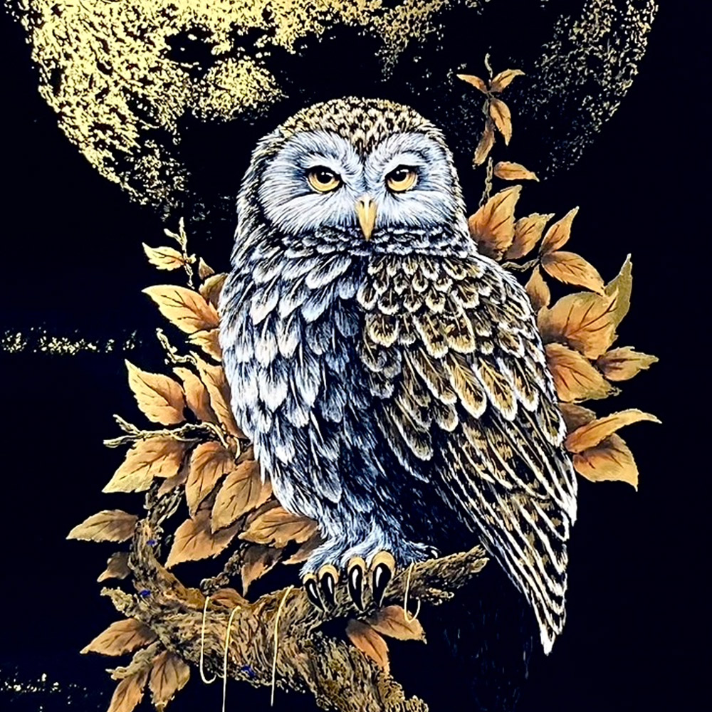 本金箔押掛軸黄金月宵梟