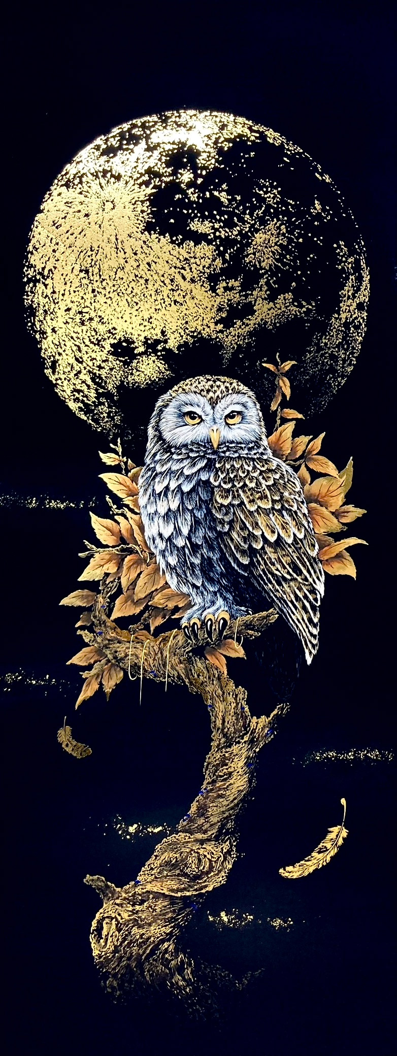 本金箔押掛軸黄金月宵梟