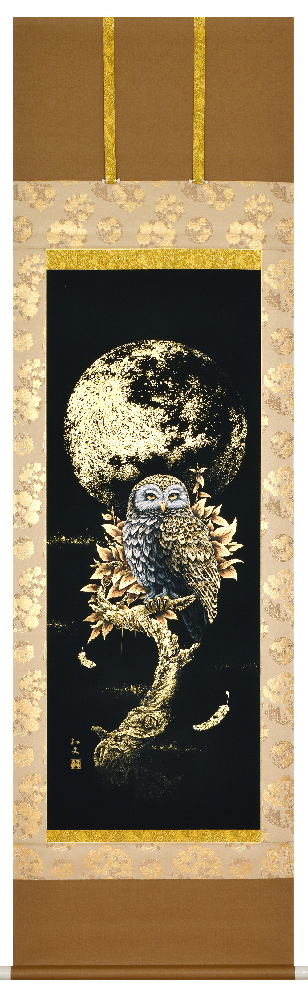 本金箔押掛軸黄金月宵梟