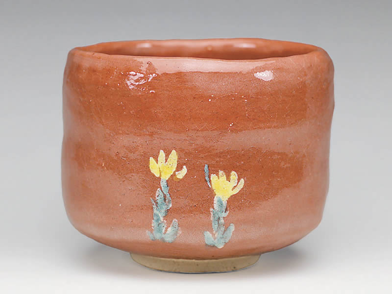 2020年初春作品「赤楽　福寿草の絵　茶碗