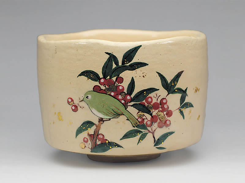 2021年初春作品　南天にウグイスの絵　茶碗