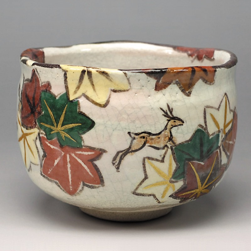 吉村楽入　2023年初春作品　乾山紅葉に鹿の絵　茶碗